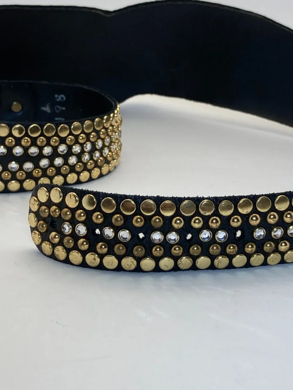 Kippys Vintage Western Belt Sz 34-37 Swarovski Crystal Black Leather Gold Studs